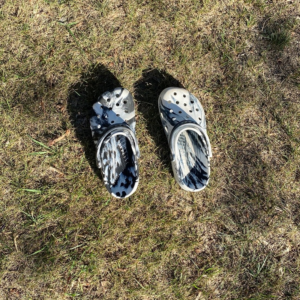Black and white crocs. Scheels, very comfortable, cleaned